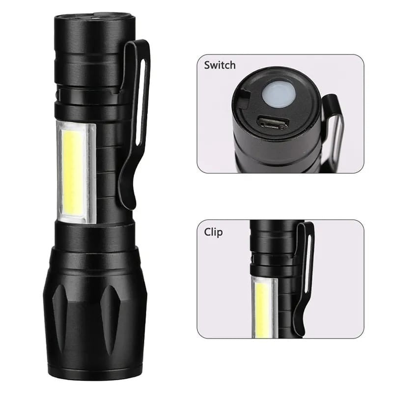 Portable LED Flashlight – Mini Rechargeable Torch With Side Light & Waterproof - Metal Body